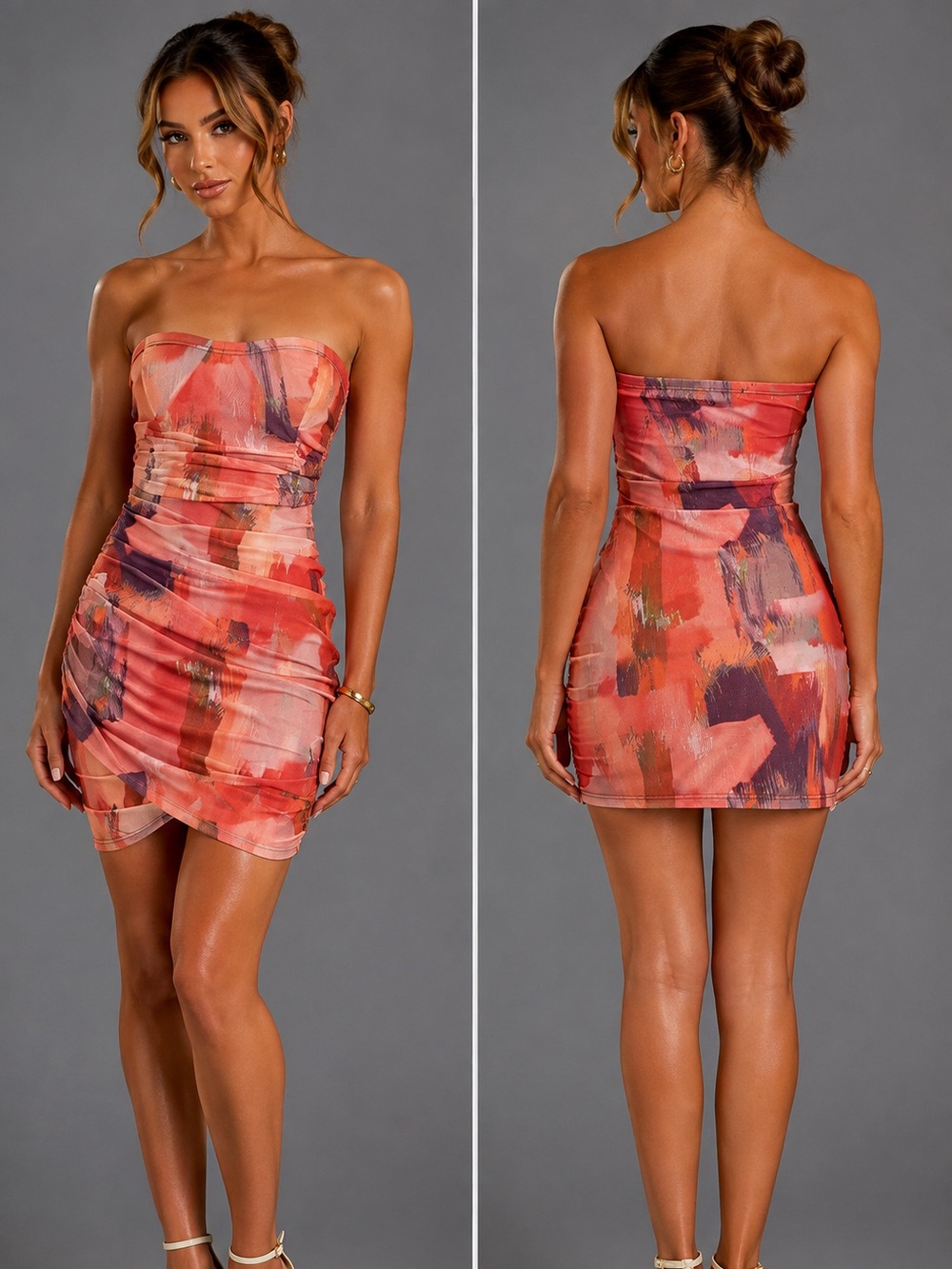 PrettyLittleThing Orange Abstract Print Bandeau Ruched Bodycon Mini Dress Size 4